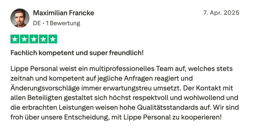 Trustpilot-Bewertung eines Kunden
