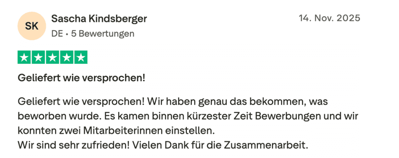 Trustpilot-Bewertung eines Kunden