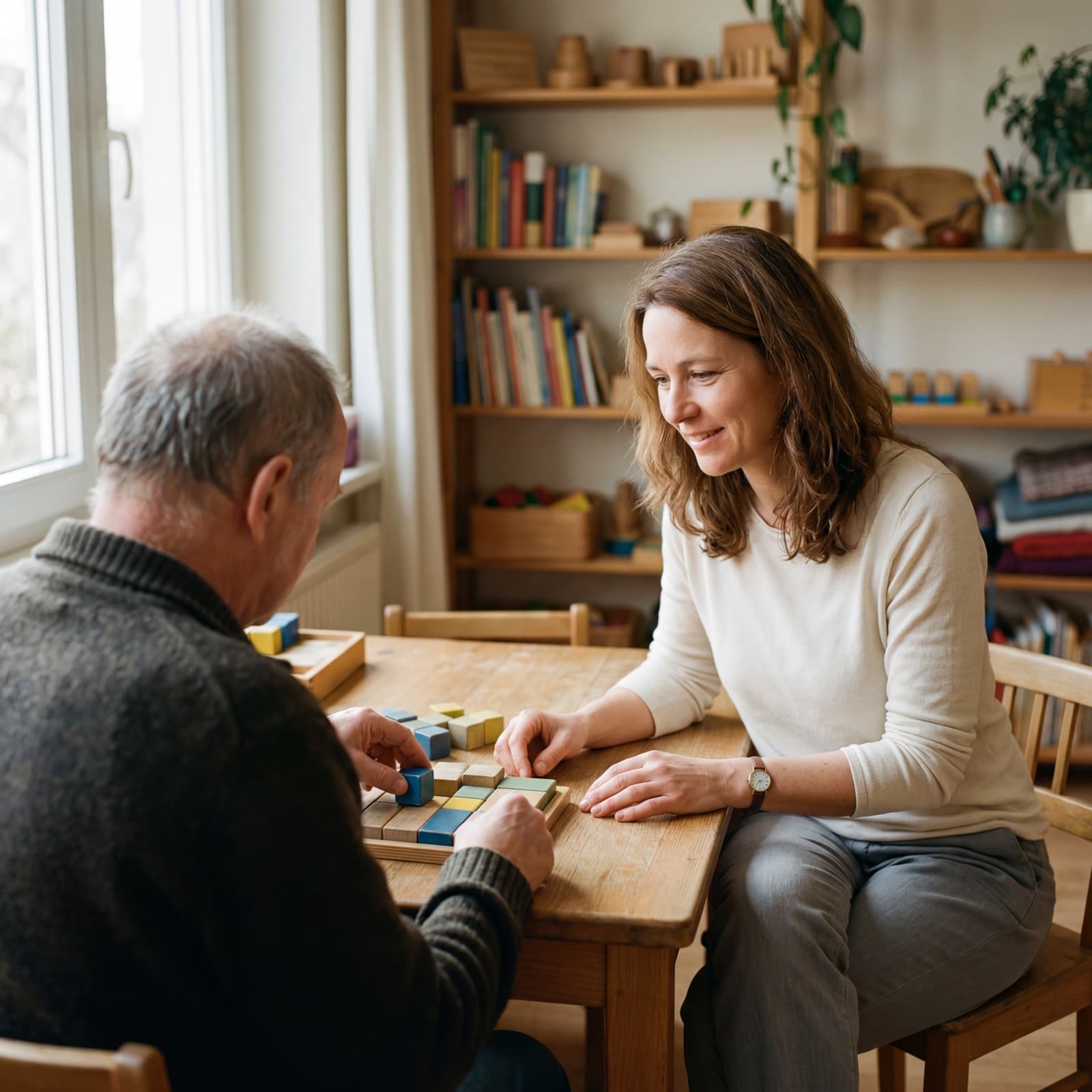 Ergotherapeutin bei der Arbeit mit einem Patienten