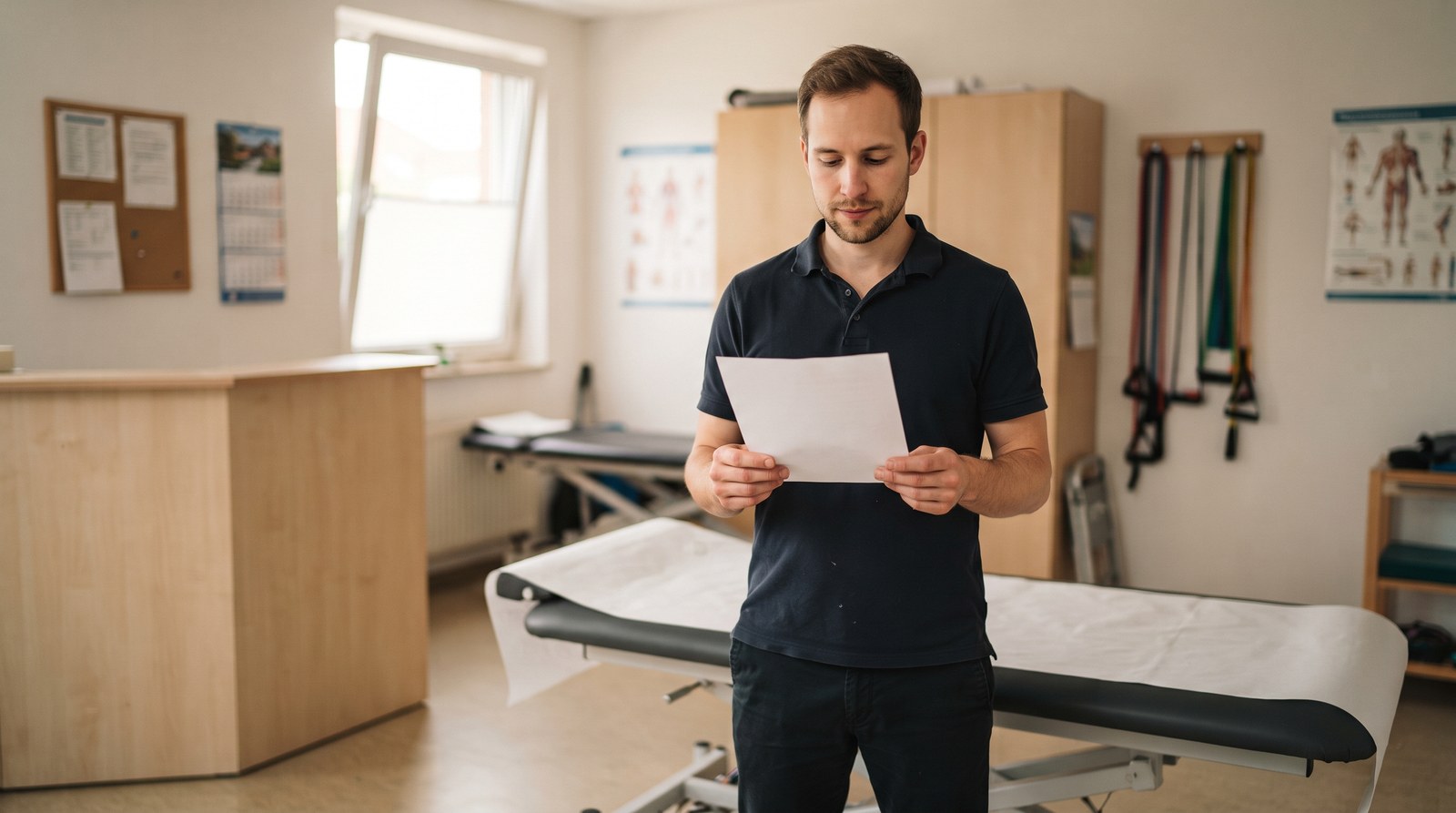 Physiotherapeut vergleicht Gehaltsangebote in seiner Praxis